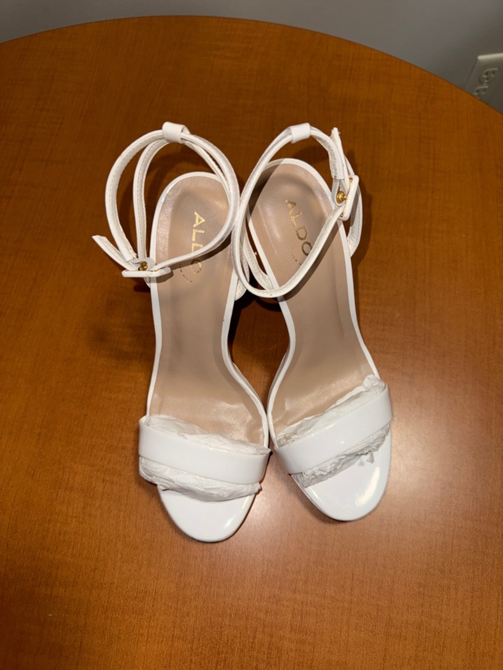 Aldo White Patent Ankle Strap Heels